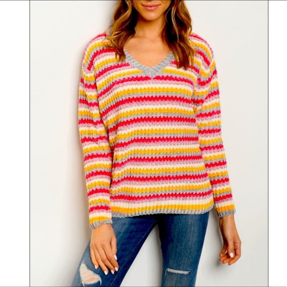 ⚡Striped V neck Chenile Full sleeve Sweater oversize Small